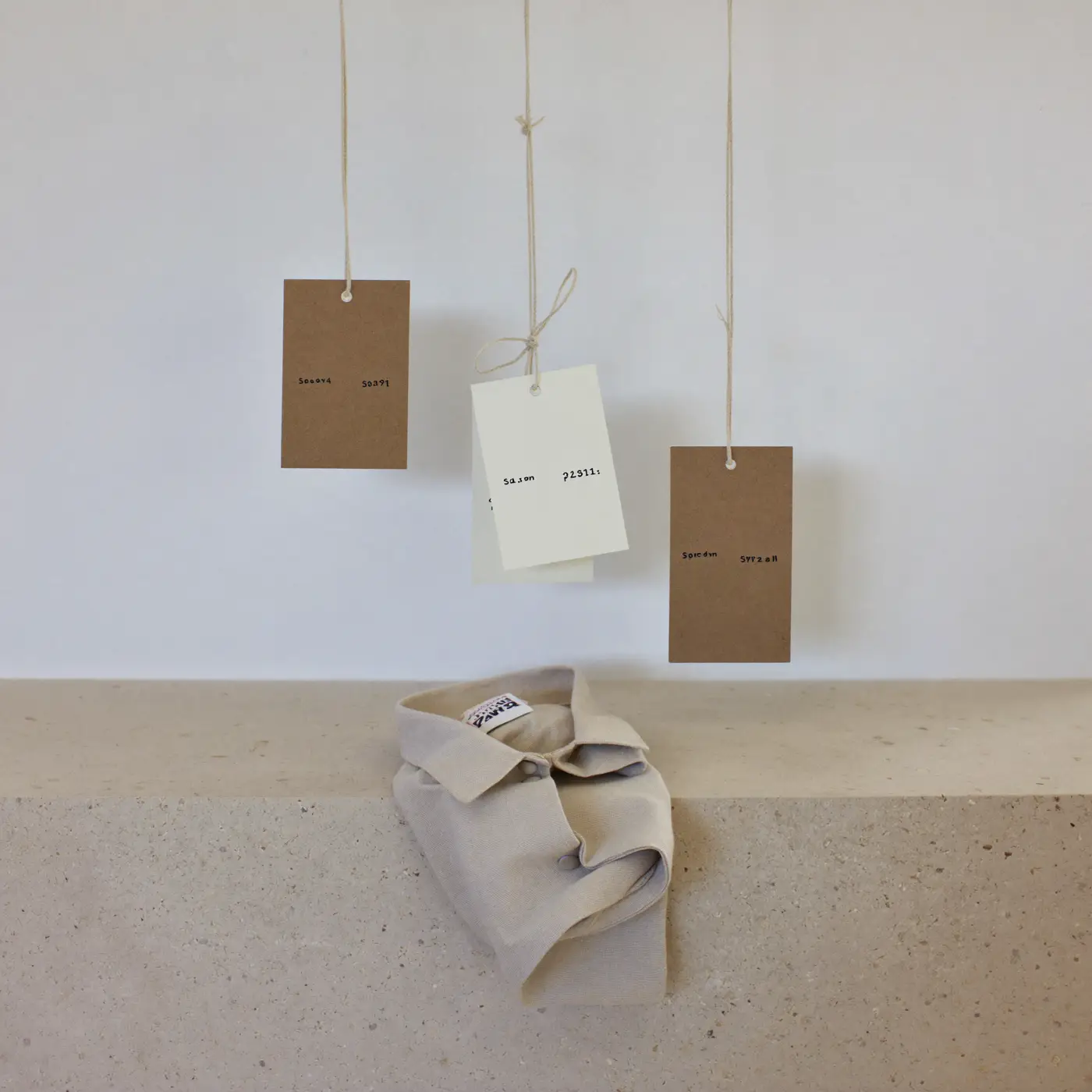Kraft and ivory swing tags hanging on linen string above a folded linen shirt on limestone.