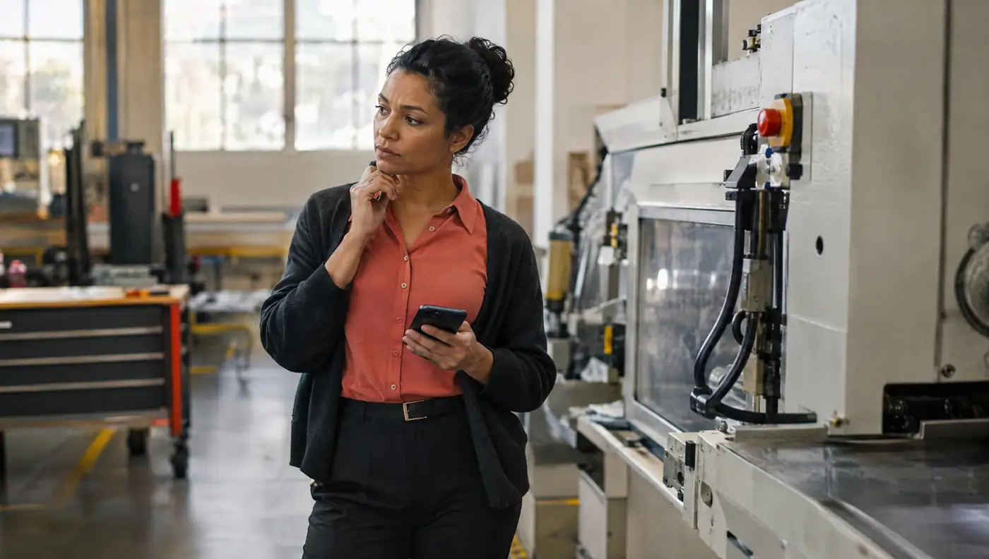 A manager in a coral shirt pauses beside a stopped industrial machine, phone in hand, deciding whom to call, illustrating brand salience.