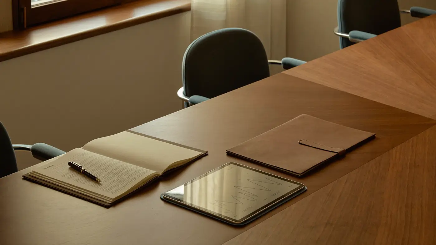 A walnut meeting table with a leather folder, a fountain pen and a tablet in a quiet private banking room.