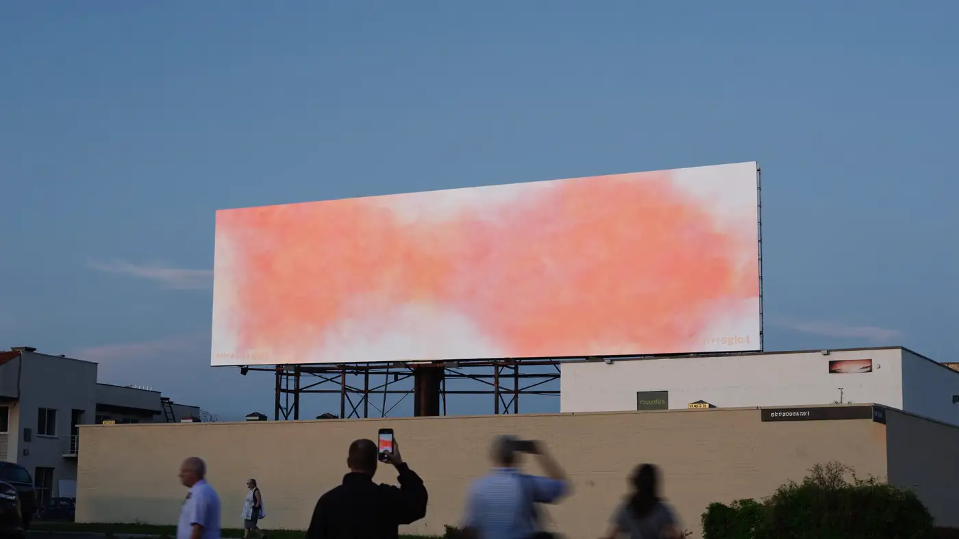 Passers-by photographing a large coral billboard against a blue dusk sky.