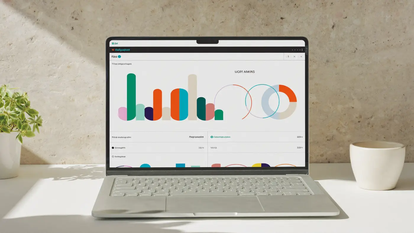 A laptop showing a colourful analytics dashboard on a limestone desk with a plant and a cup.