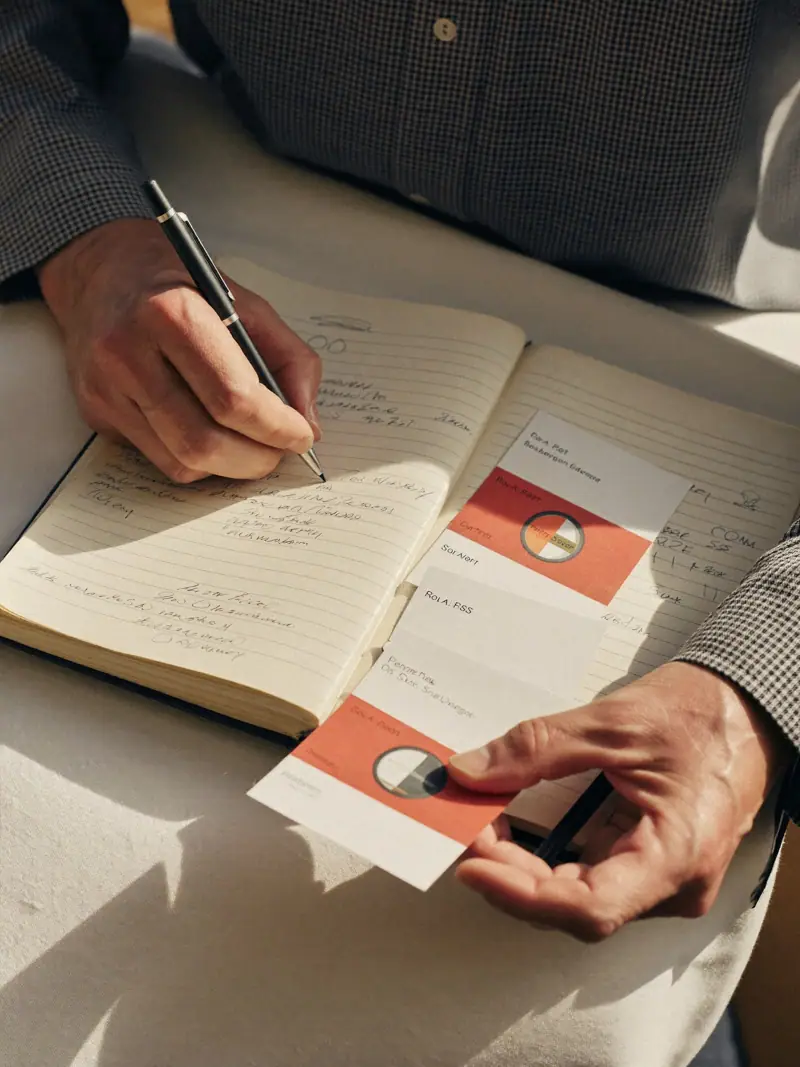 A strategist sorting customer observation cards beside a worn notebook in warm daylight, illustrating STP marketing.