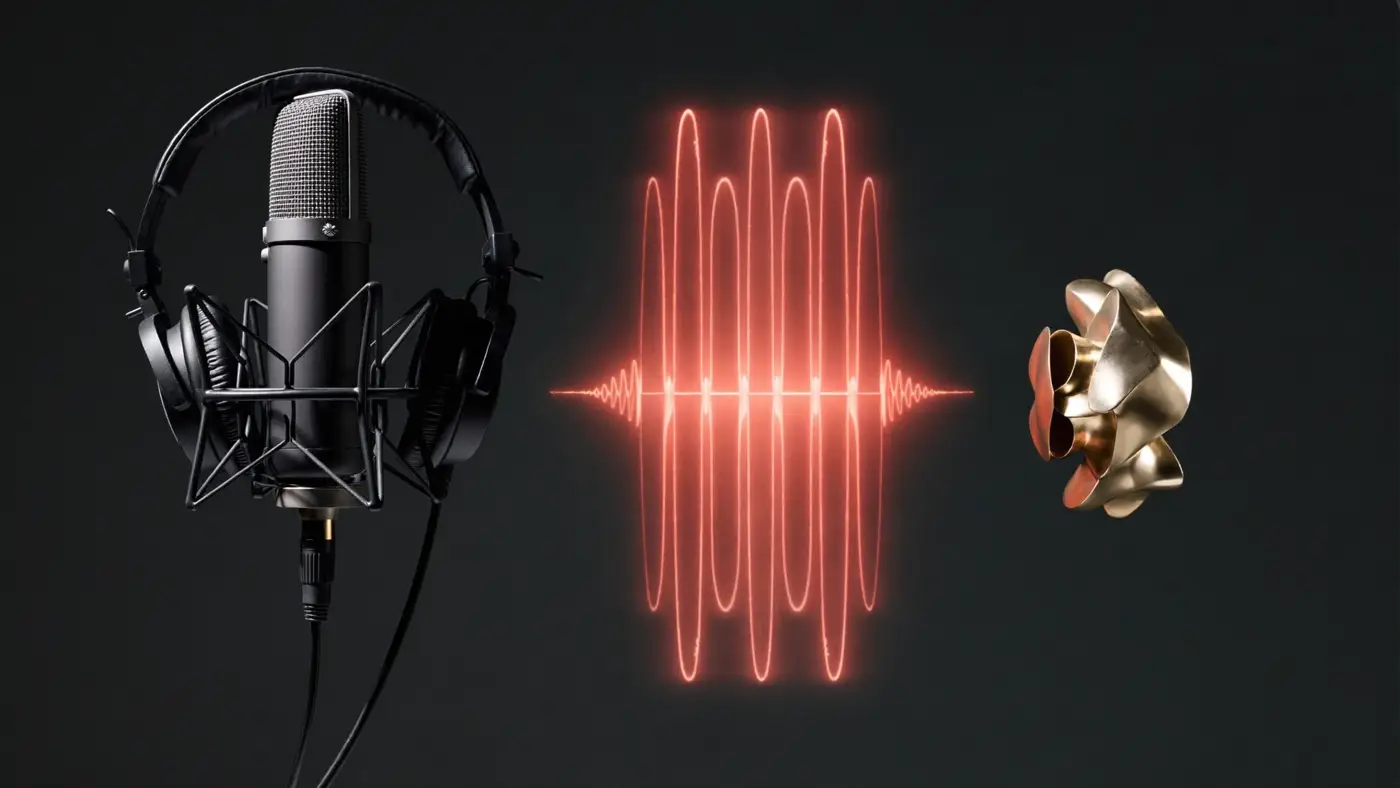 A studio microphone and headphones beside a glowing coral sound wave on a dark background.