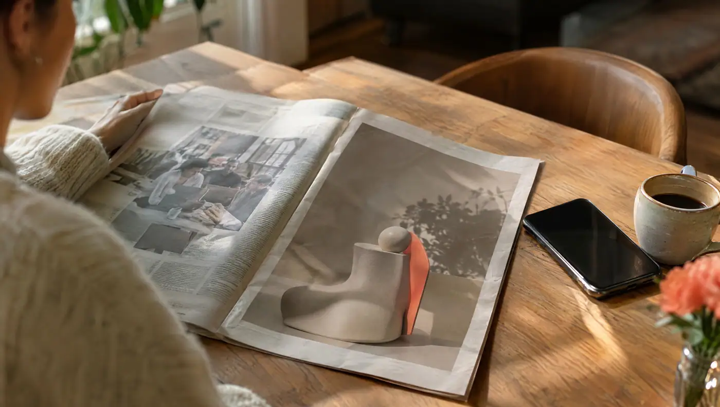A reader with a Sunday newspaper open on a wooden table beside a phone, a cup of coffee and coral flowers, illustrating newspaper advertising effectiveness.