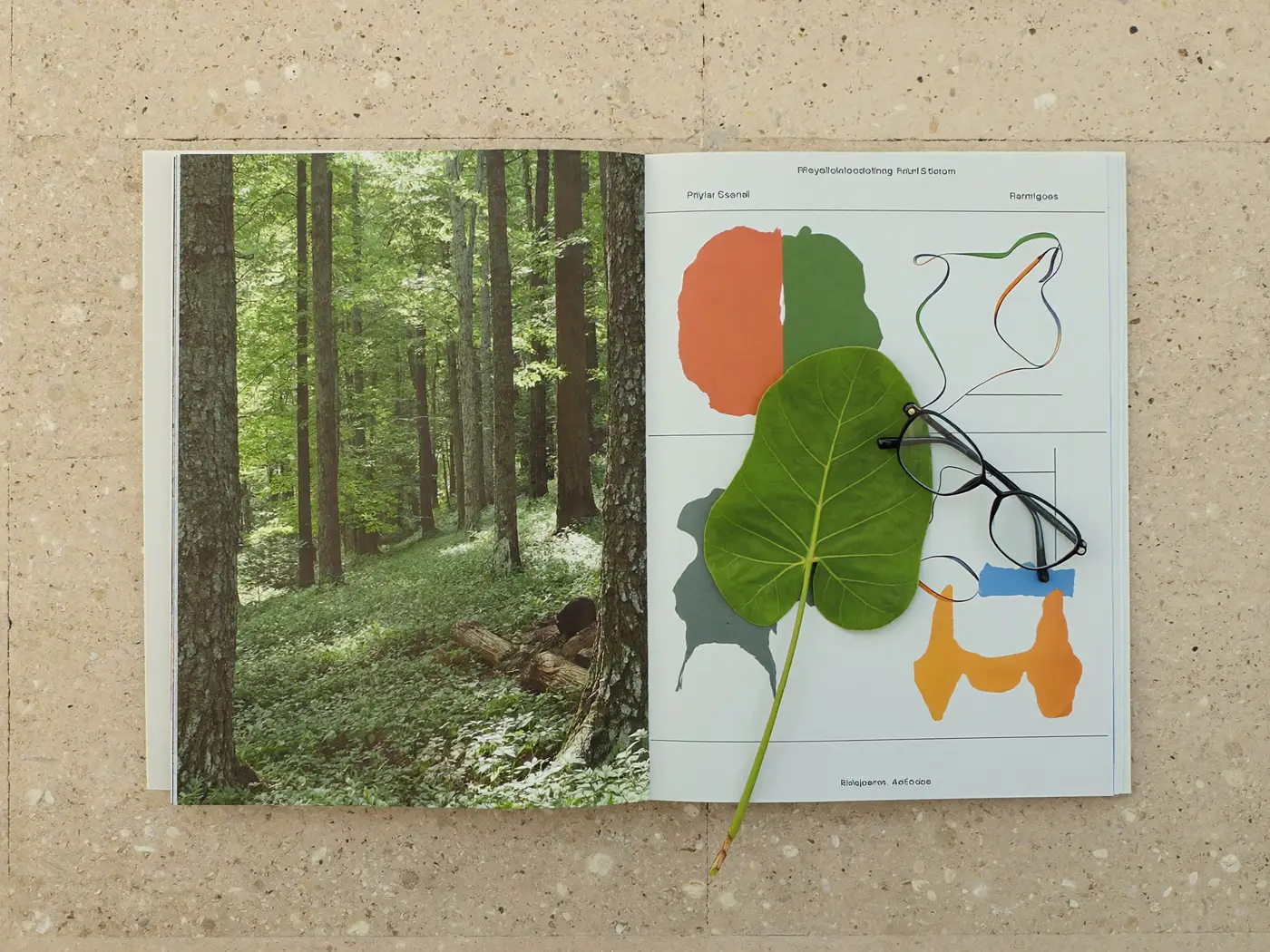 An open sustainability report showing a forest photograph and abstract shapes, with reading glasses and a leaf on limestone.