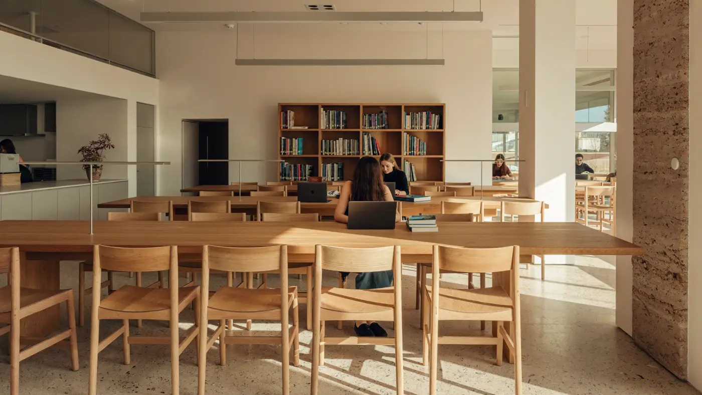 A sunlit university library reading room with long oak tables and students studying at laptops.