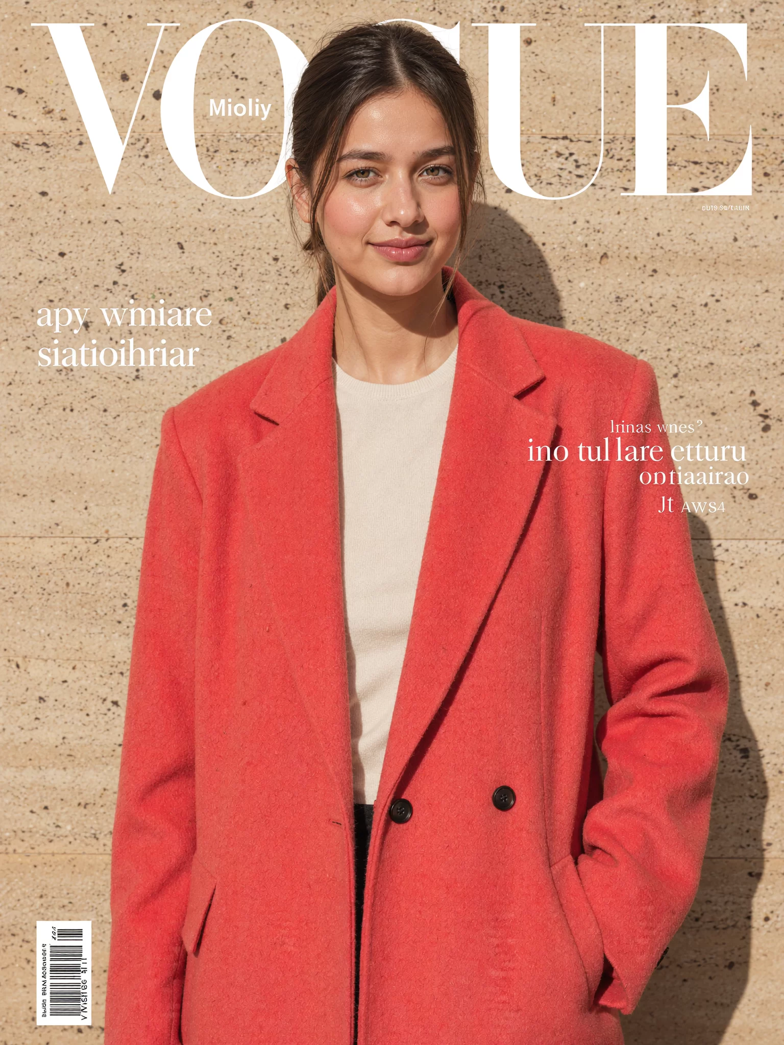 AI character Dhwaja in a structured coral wool coat against a sunlit travertine wall, a fashion editorial. Sample image created by Quiamo, a brand, marketing and media agency from India.