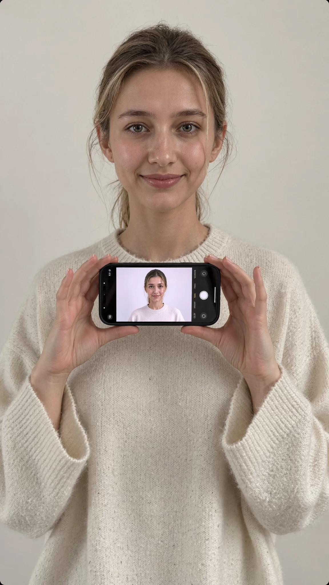 AI character Dhwaja in an ivory cashmere sweater holding a smartphone and looking into the lens. Sample image created by Quiamo, a brand, marketing and media agency from India.