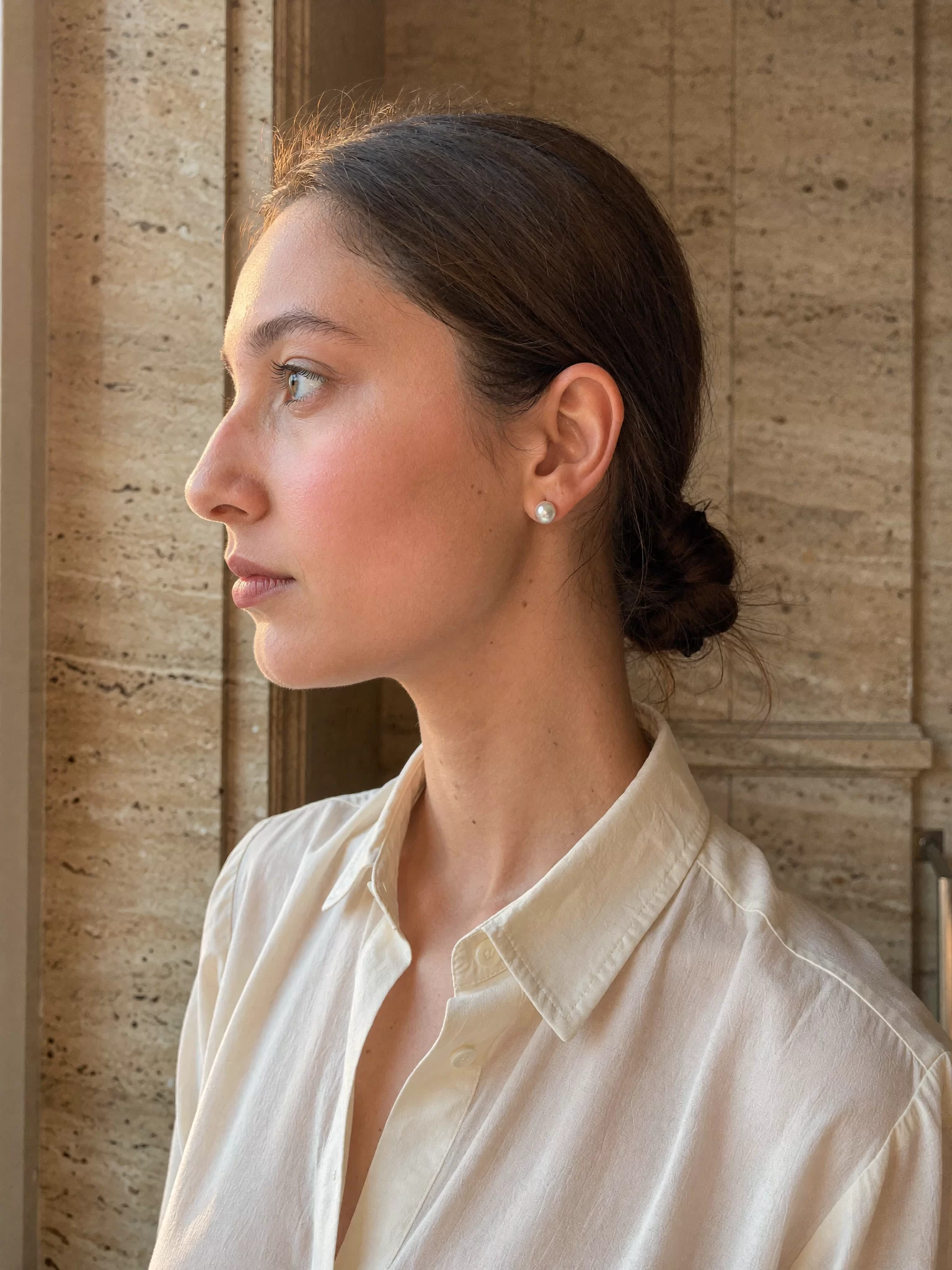A profile portrait of AI character Dhwaja with a pearl earring in golden window light. Sample image created by Quiamo, a brand, marketing and media agency from India.