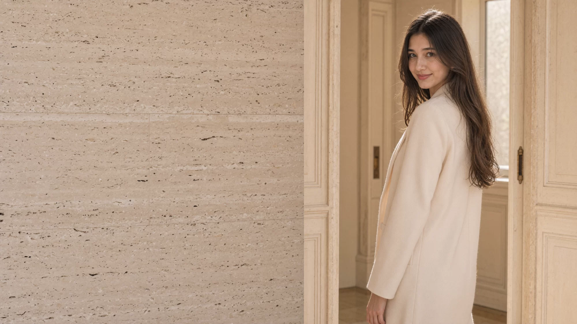 Quiamo | Kunal Waghmare A young woman in a long ivory coat stands in a travertine doorway. Sample image created by Quiamo, a brand, marketing and media agency from India.