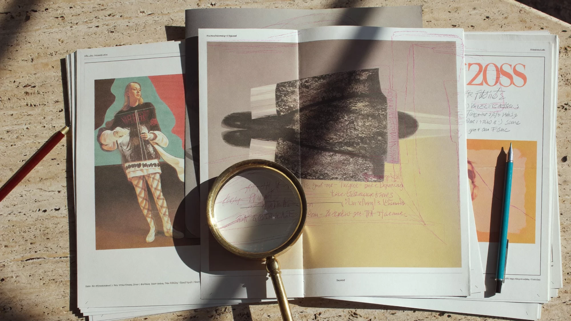 Magazines and page proofs with a brass loupe and red pencil on a travertine desk. Sample image created by Quiamo, a brand, marketing and media agency from India.