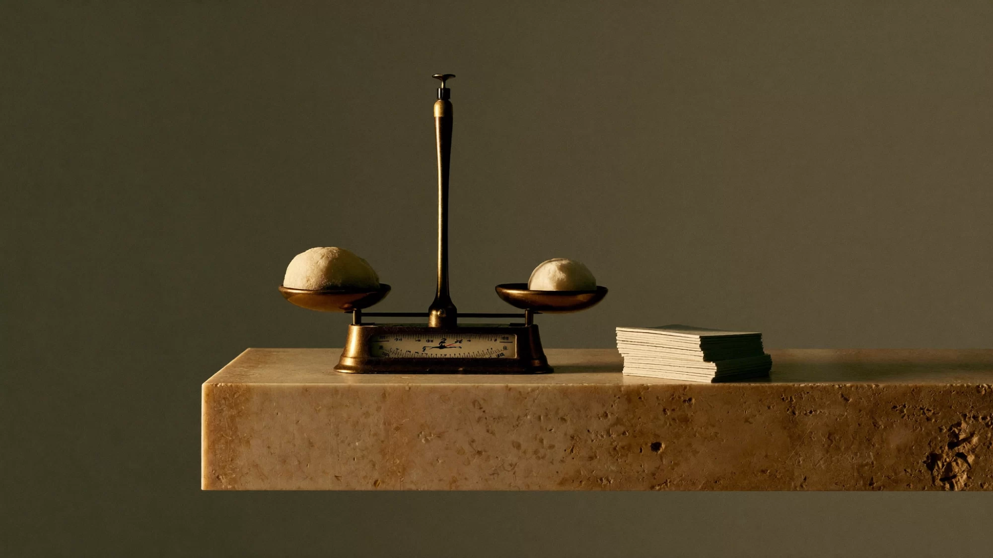 An antique brass balance scale on a travertine plinth, perfectly balanced, a still life about fair fees. Sample image created by Quiamo, a brand, marketing and media agency from India.