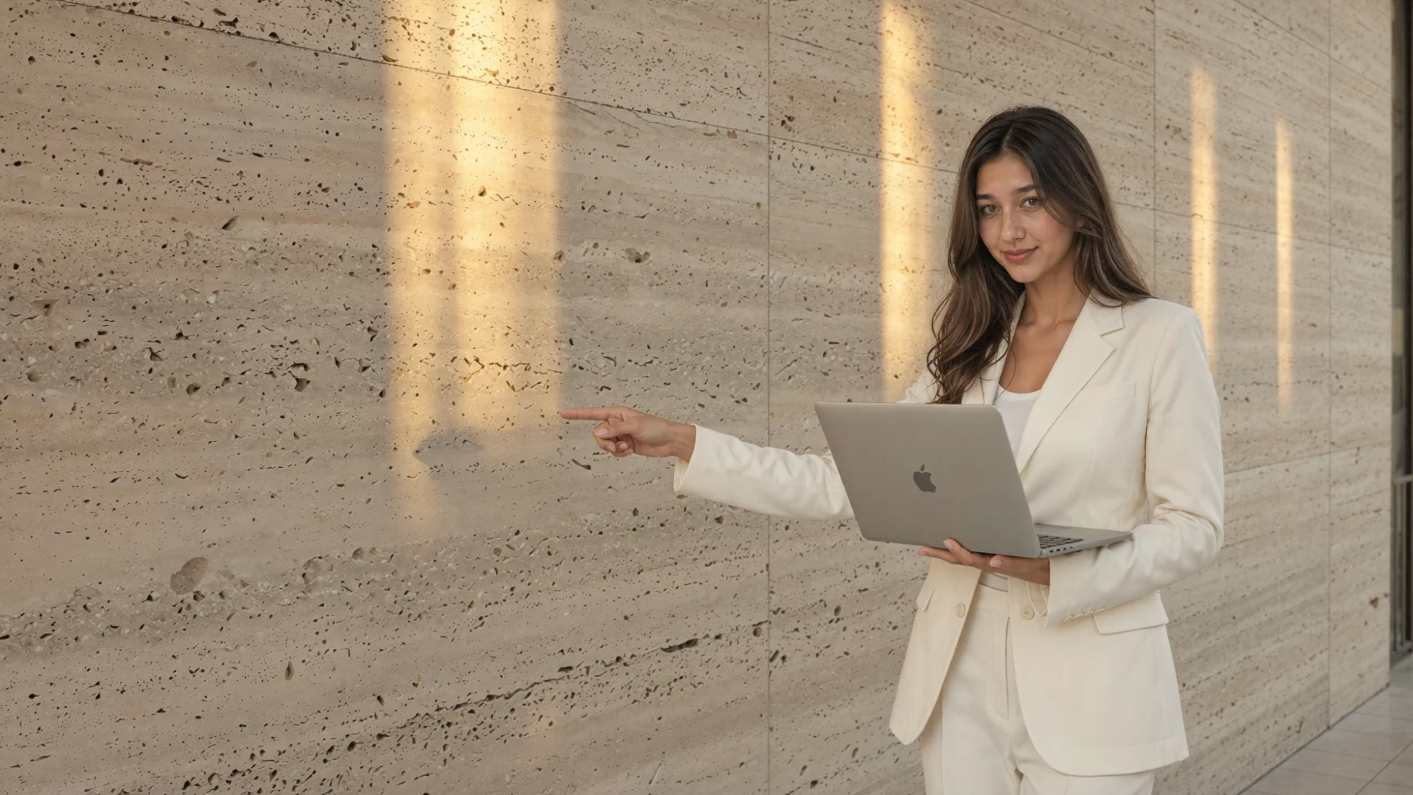 A brand strategist in an ivory trouser suit points at a vast blank travertine wall in golden light. Sample image created by Quiamo, a brand, marketing and media agency from India.
