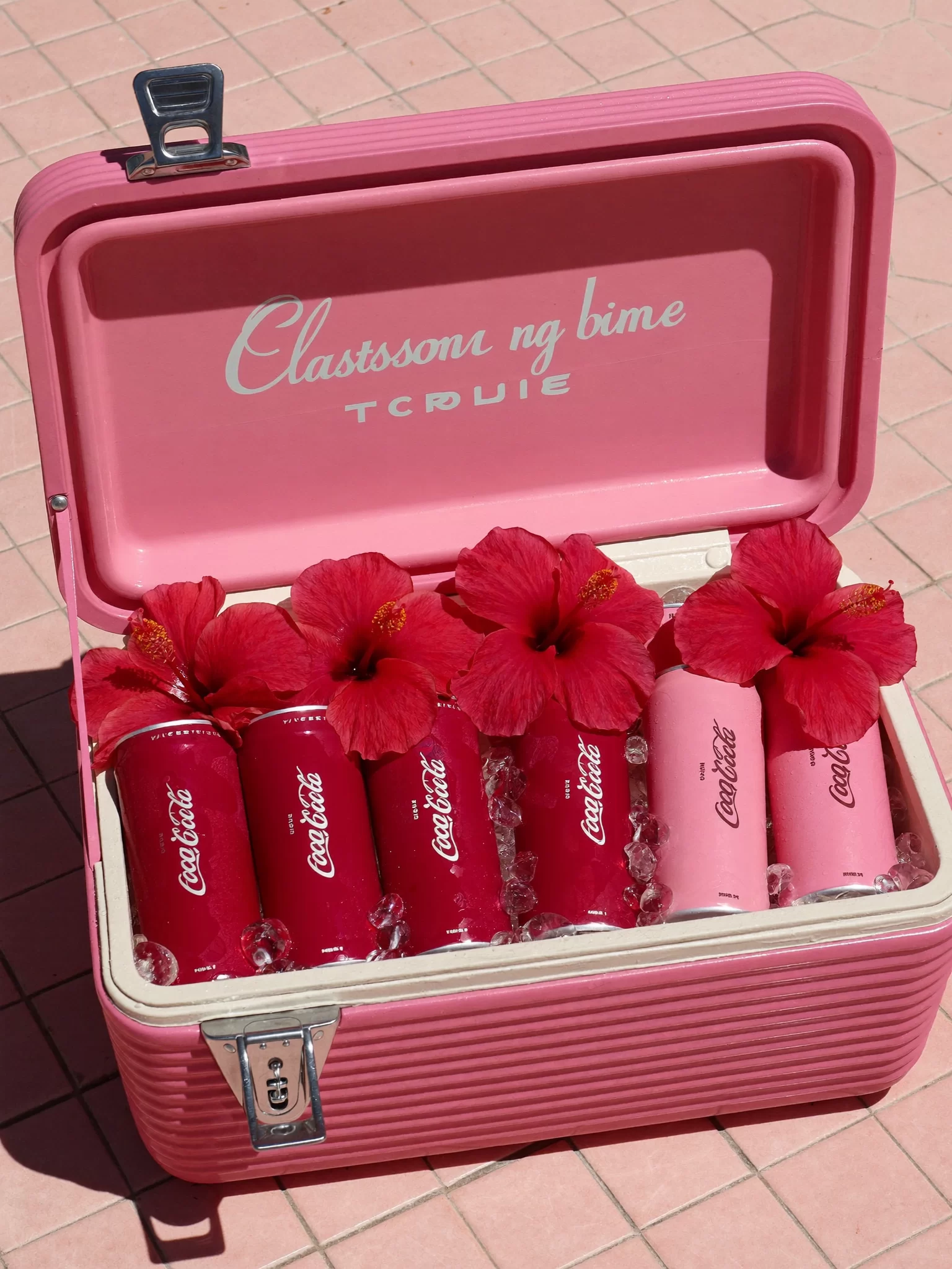 Quiamo | Kunal Waghmare Hibisco concept: magenta drink cans and red hibiscus flowers packed in a pink cooler of ice. Sample image created by Quiamo, a brand, marketing and media agency from India.