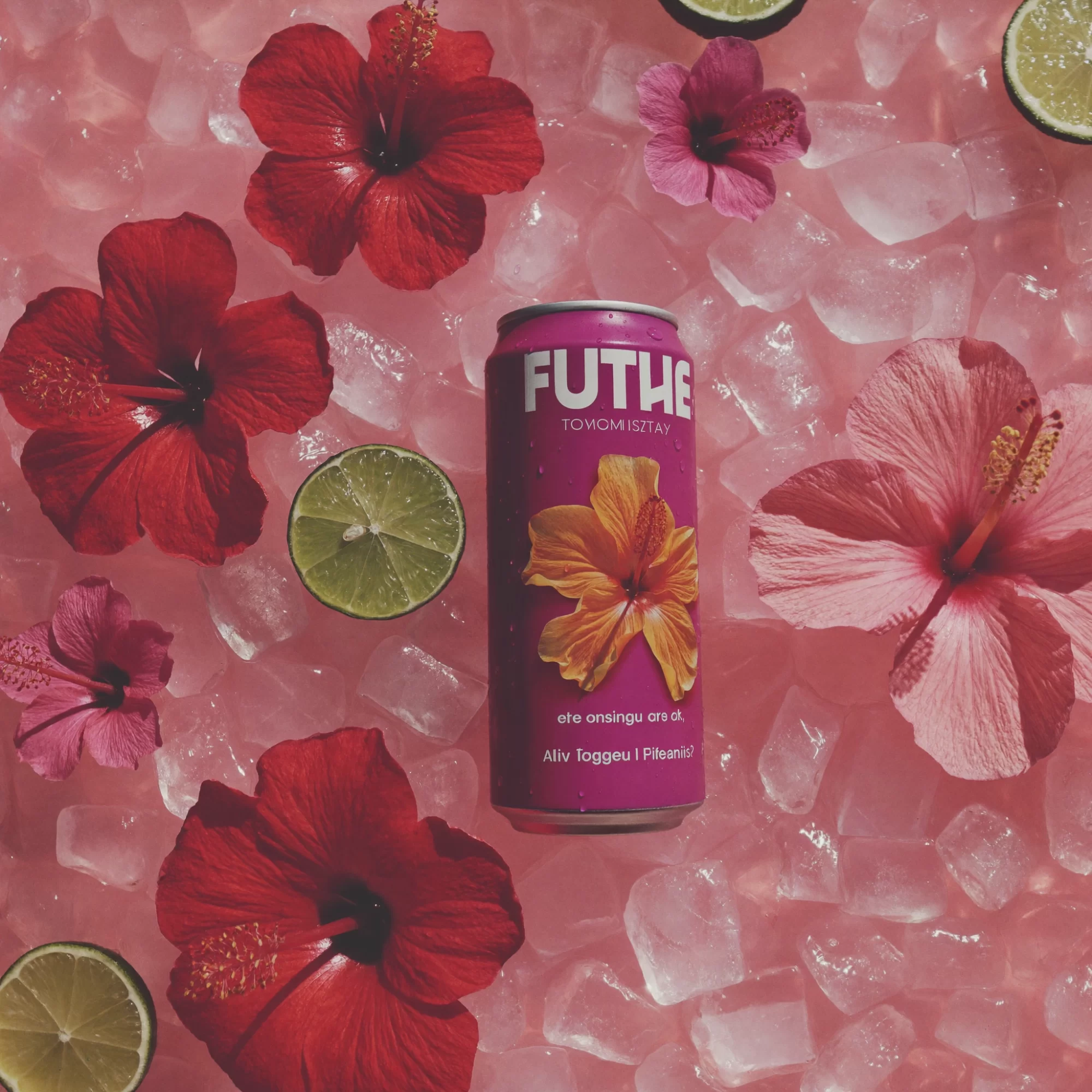 Quiamo | Kunal Waghmare Hibisco concept: a magenta can on crushed ice with red and pink hibiscus flowers and lime. Sample image created by Quiamo, a brand, marketing and media agency from India.