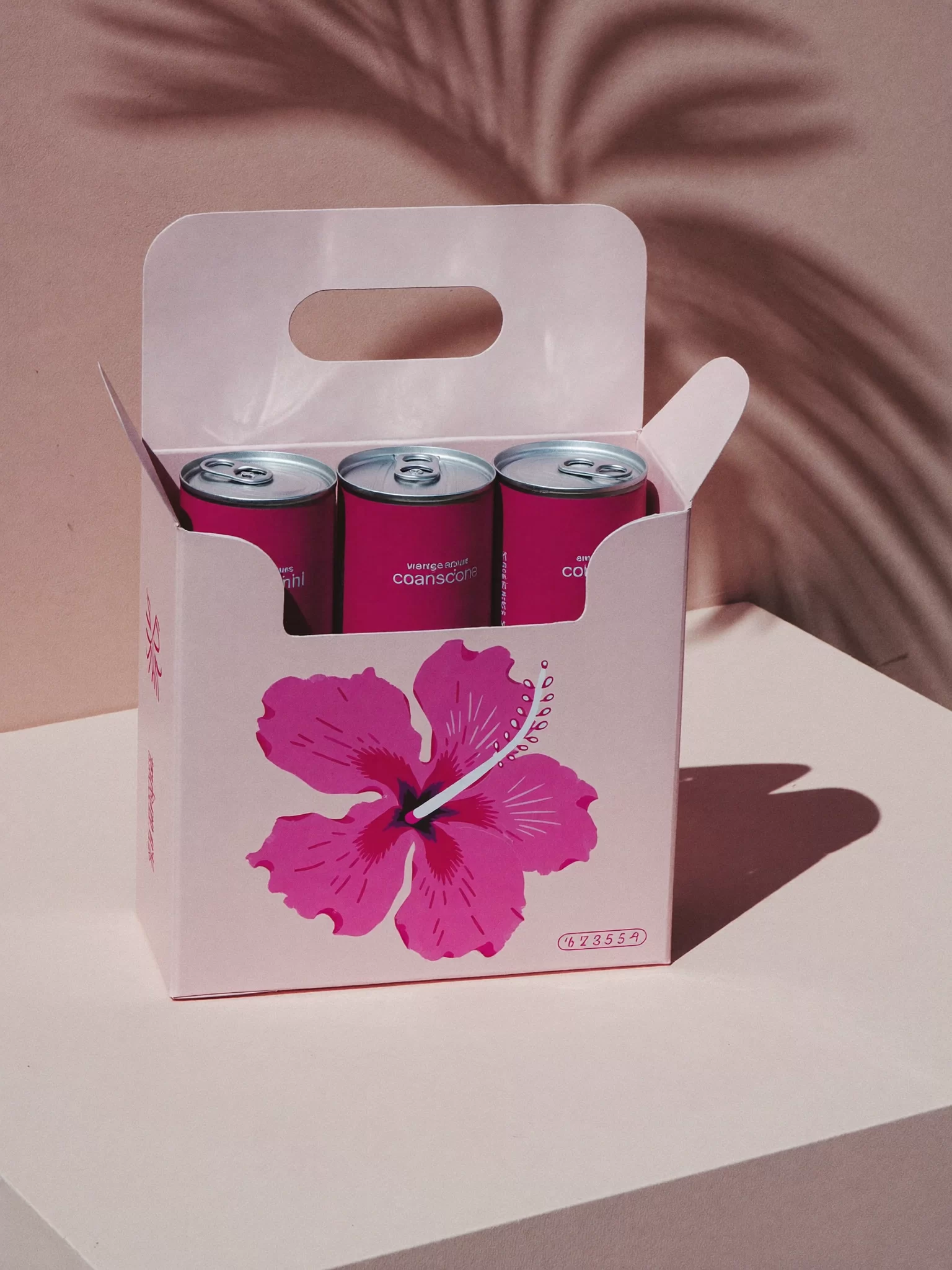 Quiamo | Kunal Waghmare Hibisco concept: a pink six-pack carrier with a hibiscus flower holding magenta cans under a palm-leaf shadow. Sample image created by Quiamo, a brand, marketing and media agency from India.
