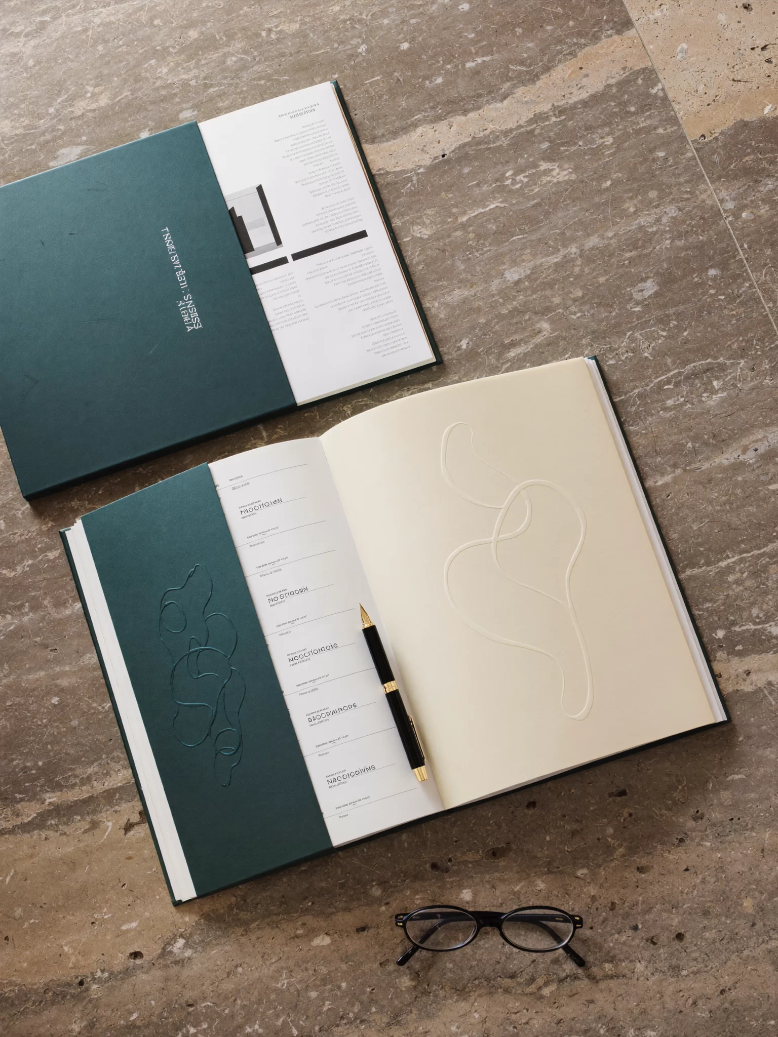 An annual report with a teal cover lying open on travertine beside a second copy and reading glasses. Sample image created by Quiamo, a brand, marketing and media agency from India.