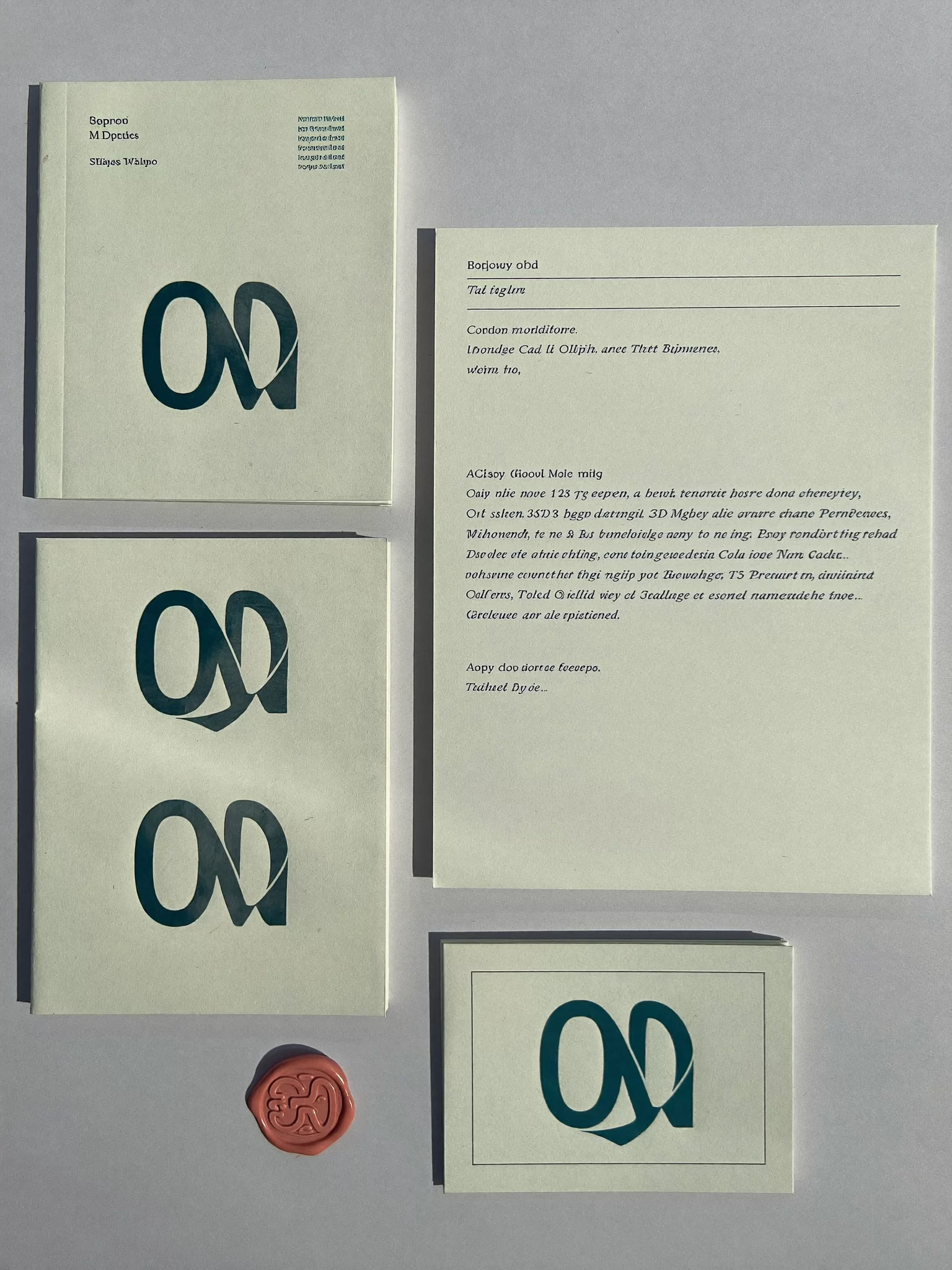 A stationery system of notebooks, letters and cards with a teal monogram and a coral wax seal. Sample image created by Quiamo, a brand, marketing and media agency from India.
