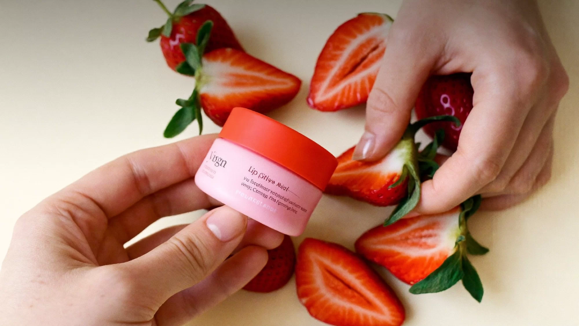 plip concept: hands open a pink lip balm jar among fresh strawberries. Sample image created by Quiamo, a brand, marketing and media agency from India.