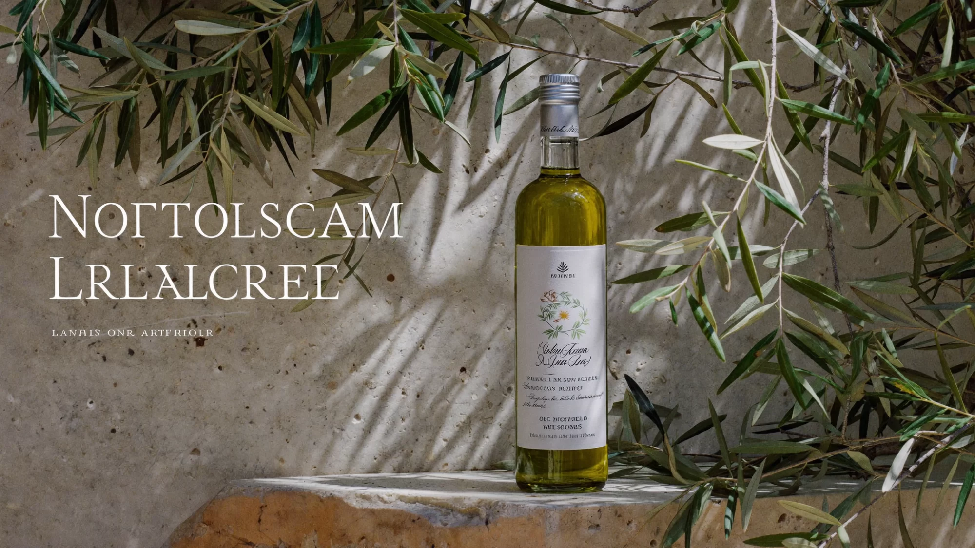 Stone Orchard Pantry concept: a green glass olive oil bottle on limestone among olive branches in dappled sun. Sample image created by Quiamo, a brand, marketing and media agency from India.