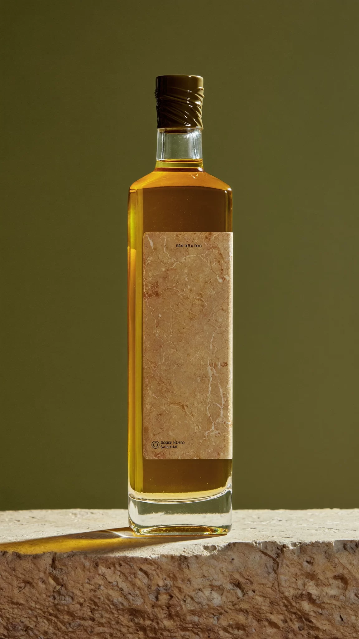 Stone Orchard Pantry concept: a tall olive oil bottle with a stone label standing on limestone against deep olive green. Sample image created by Quiamo, a brand, marketing and media agency from India.