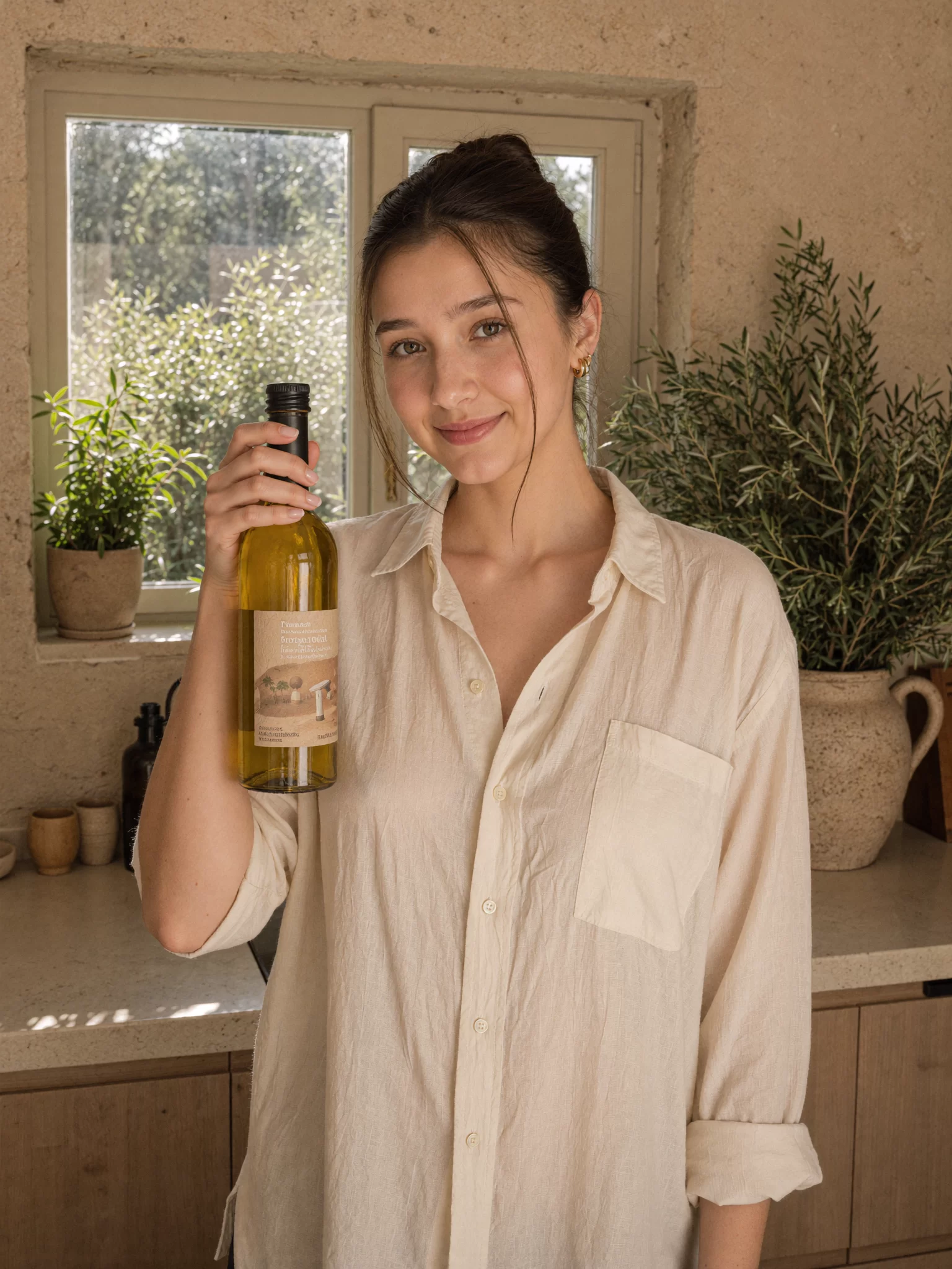 Stone Orchard Pantry concept: a smiling young woman in a linen shirt holds a bottle of olive oil in a stone kitchen. Sample image created by Quiamo, a brand, marketing and media agency from India.