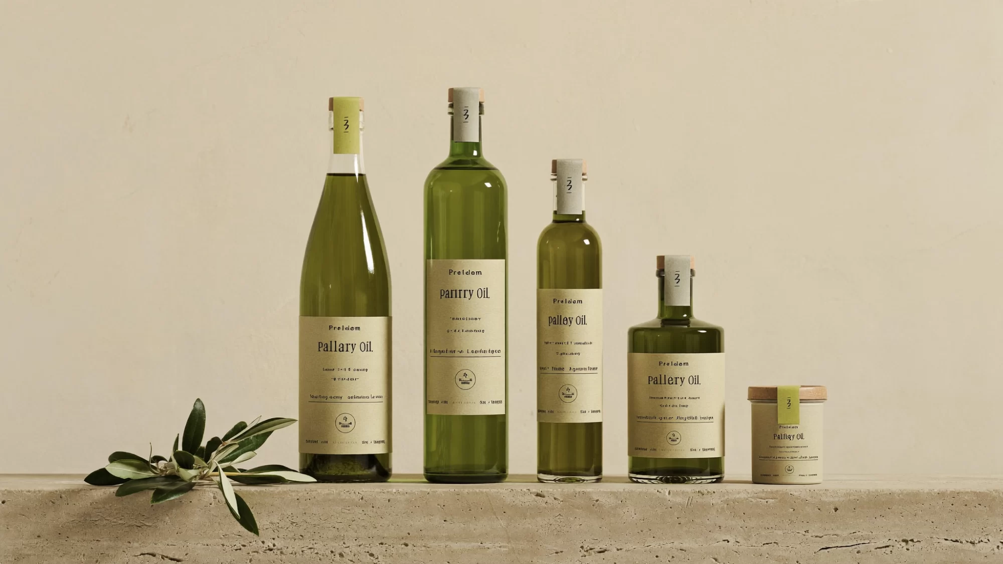 Stone Orchard Pantry concept: four olive oil bottles and a jar lined up on a stone ledge with an olive sprig. Sample image created by Quiamo, a brand, marketing and media agency from India.