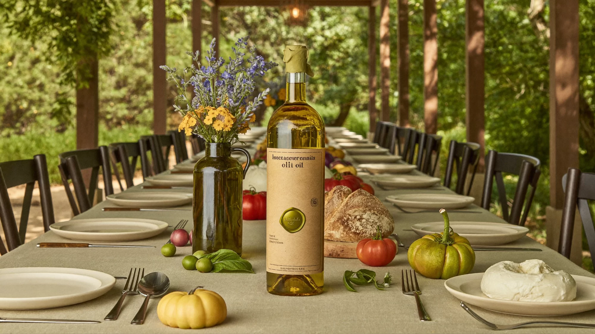 Stone Orchard Pantry concept: a long Mediterranean lunch table with olive oil, tomatoes, burrata and bread. Sample image created by Quiamo, a brand, marketing and media agency from India.