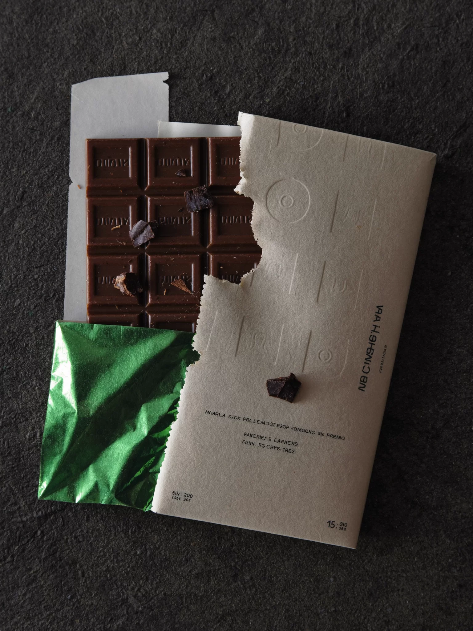 A dark chocolate bar half unwrapped from green foil and an embossed ivory sleeve on dark stone. Sample image created by Quiamo, a brand, marketing and media agency from India.