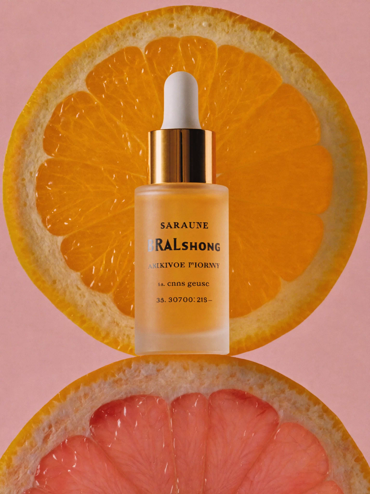 A frosted serum bottle with a gold dropper standing on glowing slices of blood orange and grapefruit. Sample image created by Quiamo, a brand, marketing and media agency from India.