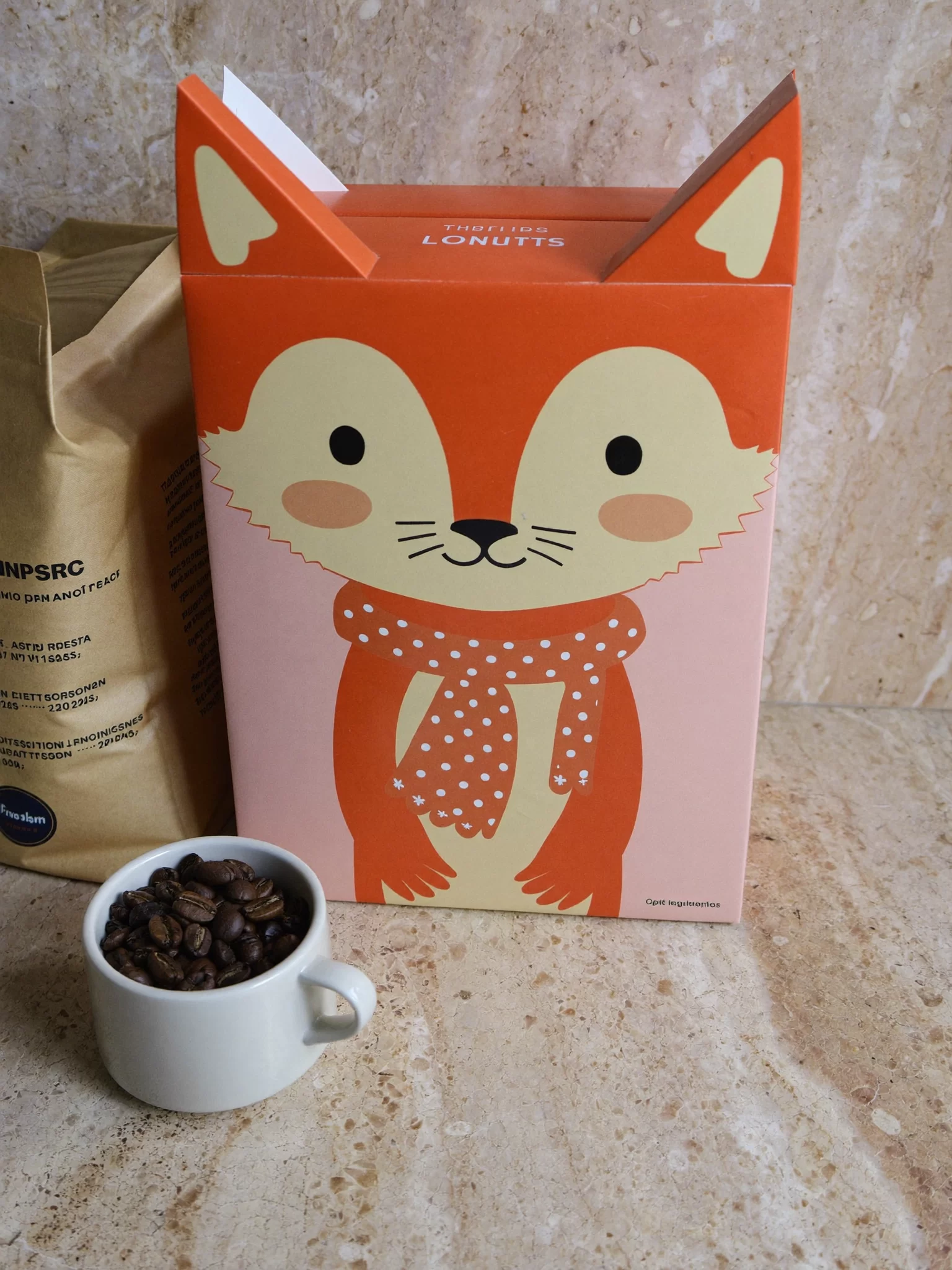 Packaging study: a premium coffee box illustrated as a fox, with coffee beans and a cup on travertine. Sample image created by Quiamo, a brand, marketing and media agency from India.