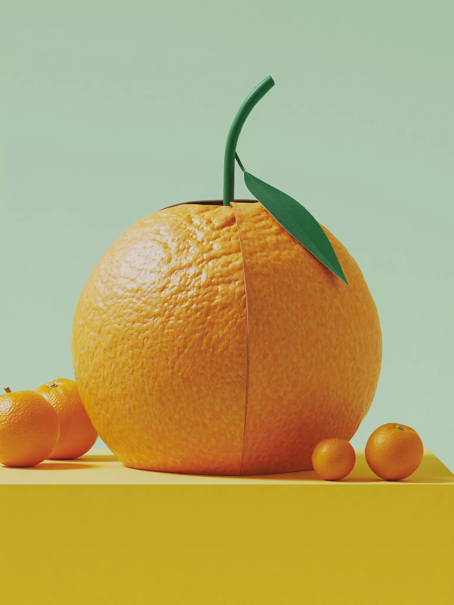 Packaging study: a carry box shaped and textured like a giant orange with a leaf handle. Sample image created by Quiamo, a brand, marketing and media agency from India.