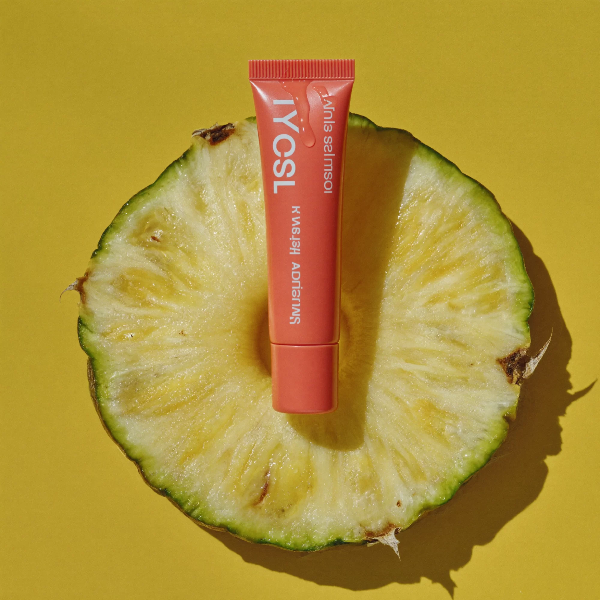 A coral lip balm standing on a fresh pineapple slice against butter yellow. Sample image created by Quiamo, a brand, marketing and media agency from India.