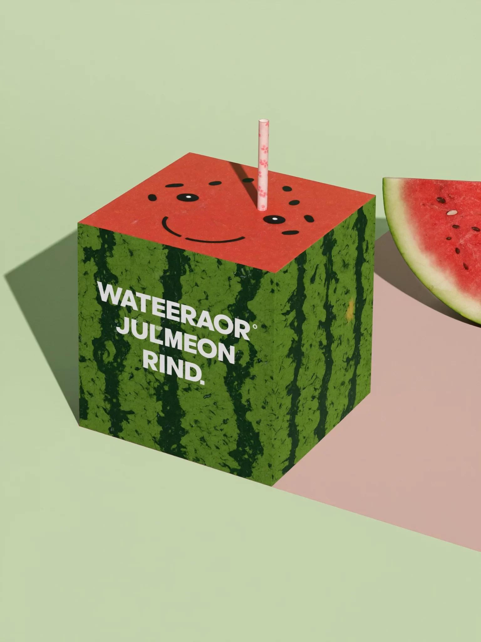 Melon in a Box: a cube-shaped juice carton printed like watermelon rind beside a watermelon slice on mint. Sample image created by Quiamo, a brand, marketing and media agency from India.